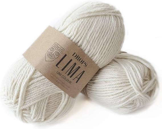65% Wool and 35% Alpaca Yarn for Knitting and Crocheting, 3 or Light, Worsted, DK Weight, Drops Lima, 1.8 oz 109 Yards per Ball (0100 Off White)