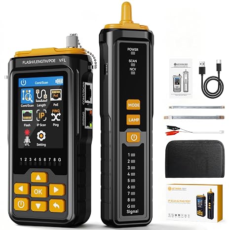 Network Cable Tester with IP Scan Ping Test, Ethernet Cable Tester, RJ45 Wire Tracer & Cable Toner for CAT5 CAT6 CAT7 with PoE Tester, Network Test Tool for VFL, NCV, Length Test and Port Flashing