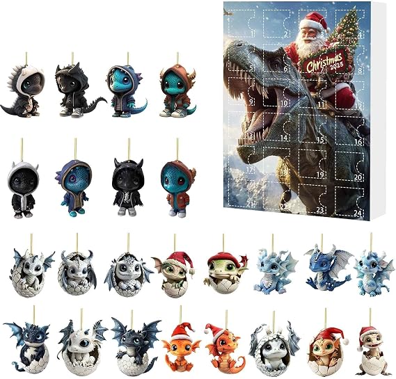 Christmas Dinosaur Ornament Advent Calendar 2025, 24 Days Christmas Hanging Ornament, Unique Figurines Pendant Advent Calendars for Tree Wall Door Decor (Dark Blue_08)