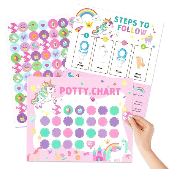 Unicorn Potty Training Chart with Reward Stickers Reusable Toilet Training Sticker Chart with Magical Unicorn Theme 10 Charts 4 Sheets 280 Stickers 1 Guide Sheet 2 Glue Dots