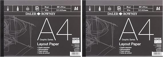 Daler Rowney Graphic Series 45gsm A4 Layout Paper Pad Glued 1 Side, 80 White Sheets, Ideal for Professional Artists & Students (Pack of 2)