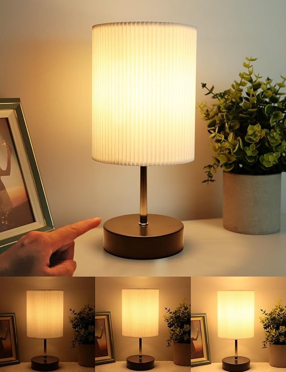 HSLighting Bedside Lamp, Touch Control Lamp Table with Black Metal Base | HSLighting 3-Way Dimmable LED Light Table Lamp with 3D Pleats Fabric Shade Minimalist for Bedroom Living Room Children's Room