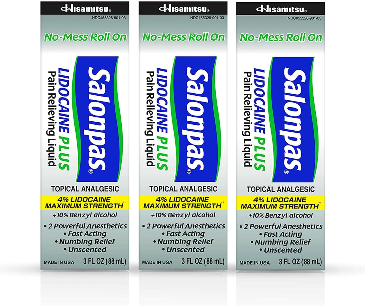 Salonpas LIDOCAINE PLUS 3 oz ROLL ON Pain Relieving Liquid! Maximum Strength 4% Lidocaine for Numbing Pain Relief! MESS FREE Application! 3 PACK