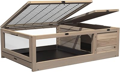 GDLF Wood Tortoise House Indoor Turtle Habitat Reptile Cage Removable Waterproof Tray Natural