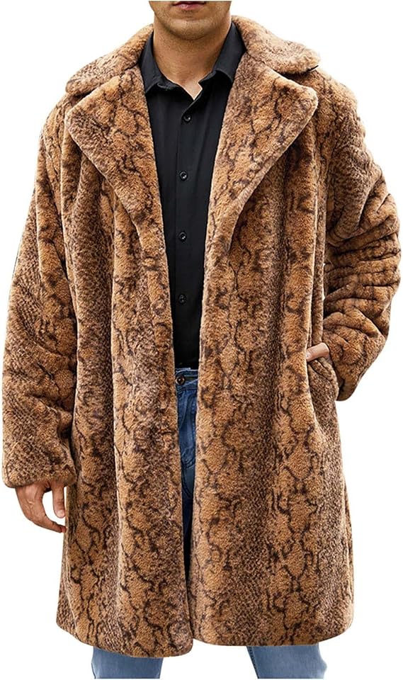 Men's Faux Fur Coat Leopard Print Open Front Cardigan Fleece Trench Coat Fuzzy Warm Jacket Plus Size Lapel Jackets