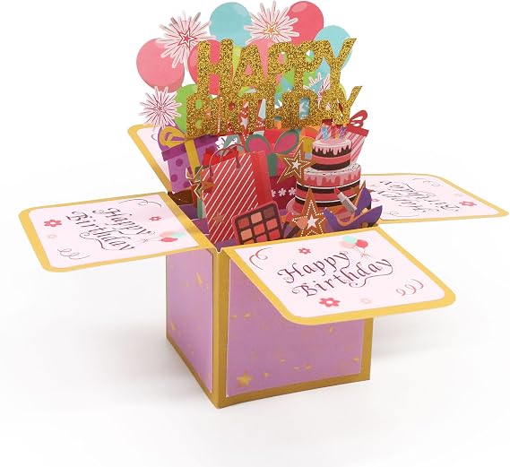 Fushing 3D Pop Up Birthday Card - Sweet Birthday Box Greeting Card Box with Blank Message Card & Envelope, Unique Handmade Scrapbook for Wife, Women, Men, Kids, Daughter, Son, Mom, Dad, Friend (Pink)