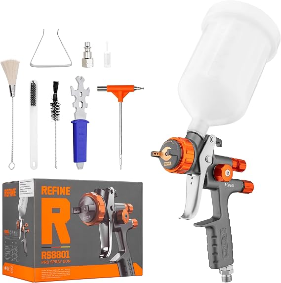 REFINE HVLP Spray Gun, Automotive Paint Gun with 1.3mm Nozzle, 600cc Cup - Forged Air Paint Sprayer for Painting Car, Suitable for Topcoat - Advanced Atomization & Easy to Clean