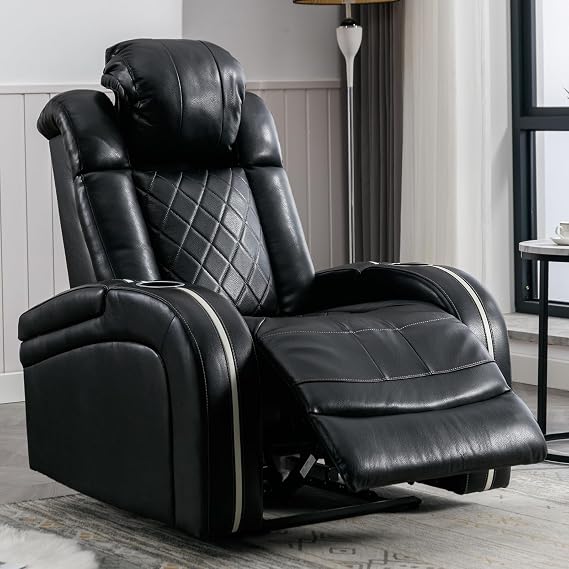 ANJ Power Home Theater Seating, Electric Genuine Leather Recliner Chair with Adjustable Powered Headrest, Dual Motor Movie Reclining Chairs with USB Port, Cup Holders, Hidden Arm Storages (Black)