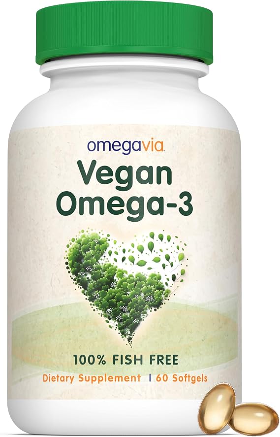 OmegaVia Vegan Omega 3 Supplement, Algae Oil, 300mg Vegan DHA (60 Softgels) | Algae Omega 3 Fish Oil Alternative, Brain & Joint Support, 100% Plant Based, Gluten-Free, 1 Softgel Per Day- 60 Day Supply