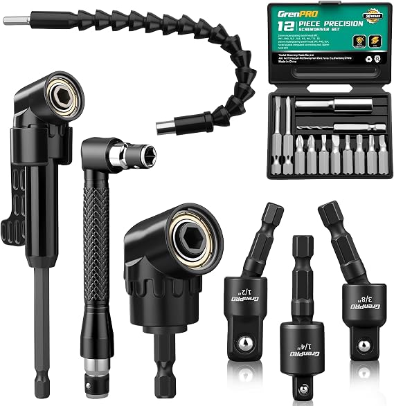GRENPRO 19 Pcs Flexible Drill Bit Extension Kit, Includes 2 Pcs 105 Right Angle Drill Attachment, 3 Pcs Rotatable Socket Adapter, 10+2 Pcs Screwdriver Bits & Bendable Extension for Tight Spaces
