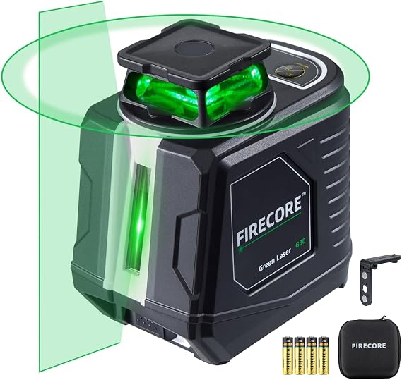 Firecore Laser Level 360 Self Leveling, 82 Ft Green 360 Cross Line Laser, 3 Brightness Adjustment, Pulse Mode, Magnetic Bracket, Carrying Pouch, for Picture Hanging Shelves Cabinets Home DIY Project