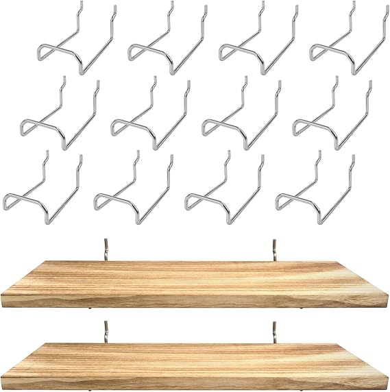 14 Pack Peg Board Accessories Set, 2pcs Wooden Pegboard Shelves and 12pcs Silver Square Pegboard Hooks for 1/4 Peg Boards Hanging Storage