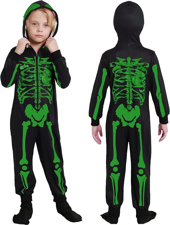 Kids Halloween Skeleton Costume for Boys Girls Zip Up Hoodie Jumpsuit with Full Print Skeleton Design for Dress Up