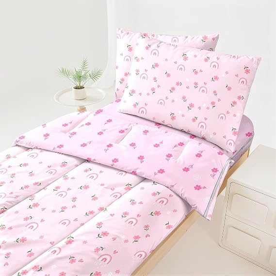 Pink Zipper Bedding Twin for Girls Rainbow Comforter Girls Twin Comforter All in one Zipper Kids Floral Bedding