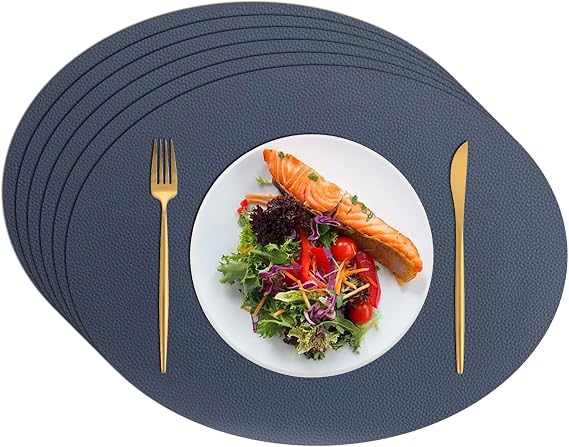 Oval Placemats for Dinning Table, Faux Leather Placemats Heat Resi-stant Table Mats for Farmhouse Restaurant Hotel (Color : Blue, Size : Set of 6)