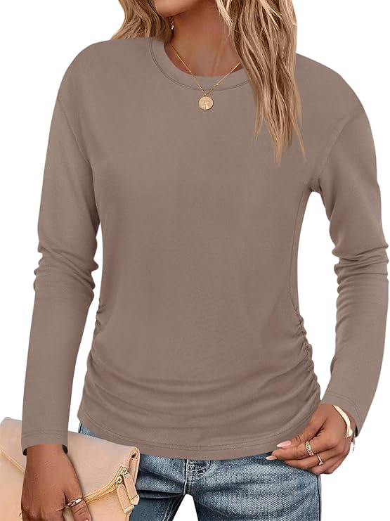 Tankaneo Womens T-Shirts Summer Long Sleeve 2025 Crew Neck Blouse Dressy Casual Ruched Slim Fit Trendy Tops