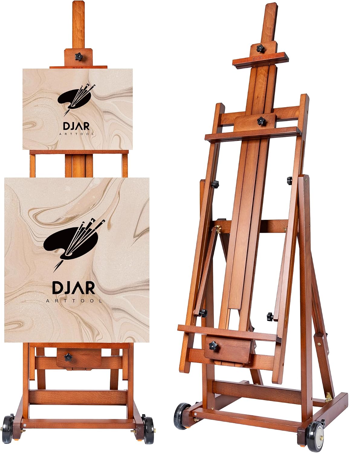 DJAR Extra Large Studio Painting Easel, Premium Walnut Beech Wood Floor H-Frame Art Easel with Silent Casters, Holds Canvas up to 198 cm