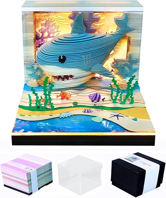 3D Time Piece Calendar 2026 3D Tear Away Art Memo Pad Notepad Desk Calendar with Light,3D Art Calendar Desktop Decoration Gift for Christmas (Ocean Shark)