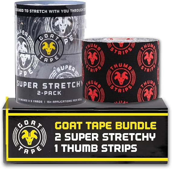 Goat Tape Black Super Stretchy Premium Thumb Tape and Pre Cut Black Athletic Tape for Fingers - Extra Sticky Elastic Athletic Thumb Tape for Weightlifting