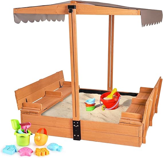 Aivituvin Kids Sand Boxes with Canopy Sandboxes with Covers Foldable Bench Seats, Children Outdoor Wooden Playset - Upgrade Retractable Roof 47x47Inch