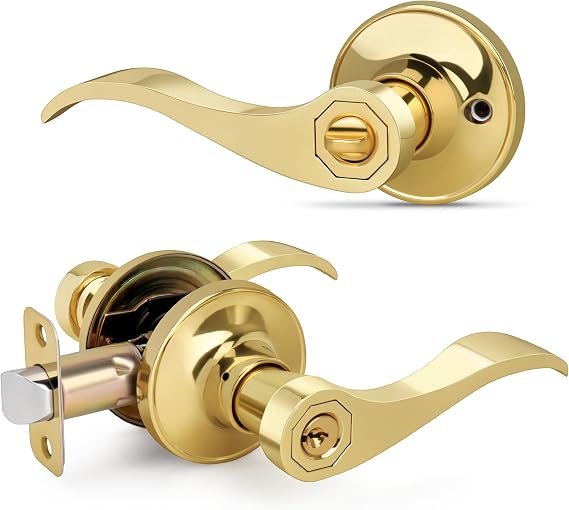 Gold Wave Style Door Handles with Lock and Key (Keyed Differently), Polished Gold Keyed Entry Door Handle, Reversible Door Lever for Bedroom Bathroom, Polished Brass,1 Pack