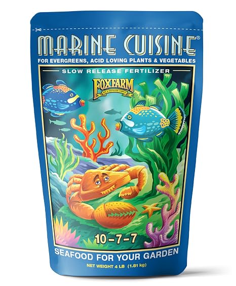 FoxFarm Marine Cuisine All Purpose Fertilizer - 10-7-7 Ocean-Based Plant Food with Crab Meal, Seabird Guano - Slow Release Fertilizer for Vegetables, Flowers, Roses & Container Plants - 4 lb