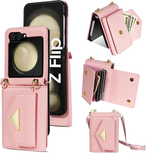 Samsung Galaxy Z Flip 8 Case Matte Leather Wallet Phone Case Detachable Shoulder Strap Buckle Design - Pink