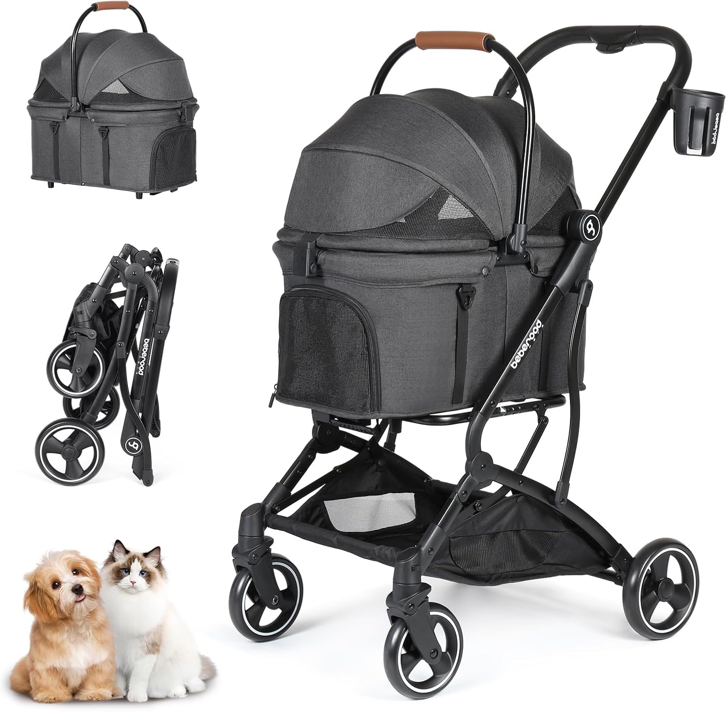 Beberoad 3-in-1 Foldable Dog Cat Stroller, Black, for Small Medium Dogs Cats, with Detachable Carrier, Easy Travel, Safe &amp; Smooth Ride, Comfortable &amp; Breathable, Durable &amp; Easy to Clean, Pet Supplies