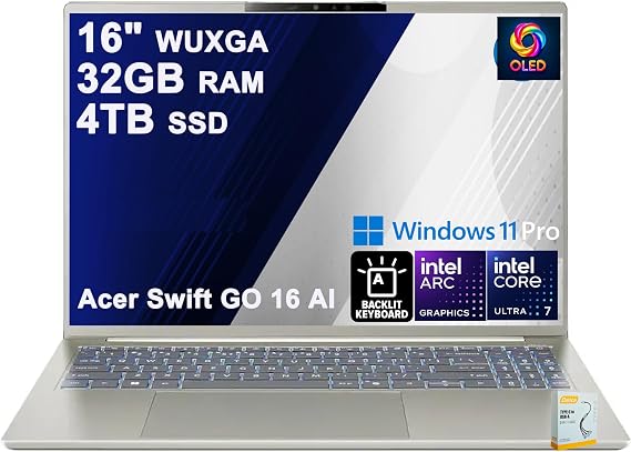 Acer Swift 16 AI Laptop | 16" 2k WUXGA OLED Touchscreen | Intel 8-core Ultra 7 355 Up to 49 Tops (Beats Ultra 9 288V) | 32GB DDR5 4TB SSD | Backlit Thunderbolt Type-c Win11Pro w/DLCA Accessory