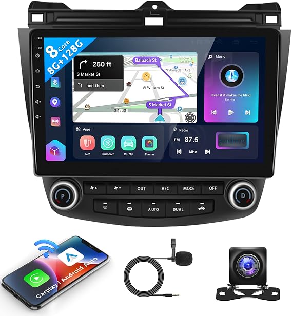 Podofo 8 Core 8G+128G Android Car Radio Stereo for Honda Accord 7th 2003-2007 with Wireless Carplay Android Auto, 10.1" QLED Touch Screen, WiFi/4G, GPS, DSP/Hi-Res, AM/FM, Bluetooth, Backup Camera