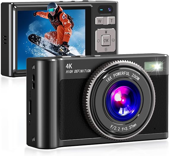Forc Digital Camera,4K Camara de Fotos with 64GB Card (4K Black) | 18X Zoom Anti-Shake Video,Vintage Camera for Camping Traveling Vlogging &Teen Parties,Portable for Kids Girls Boys Gifts