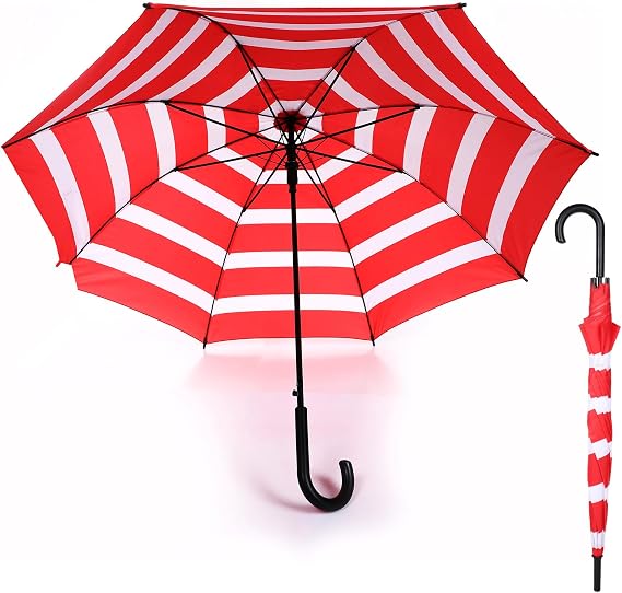 33 Inch Red and White Striped Umbrella Compact Windproof