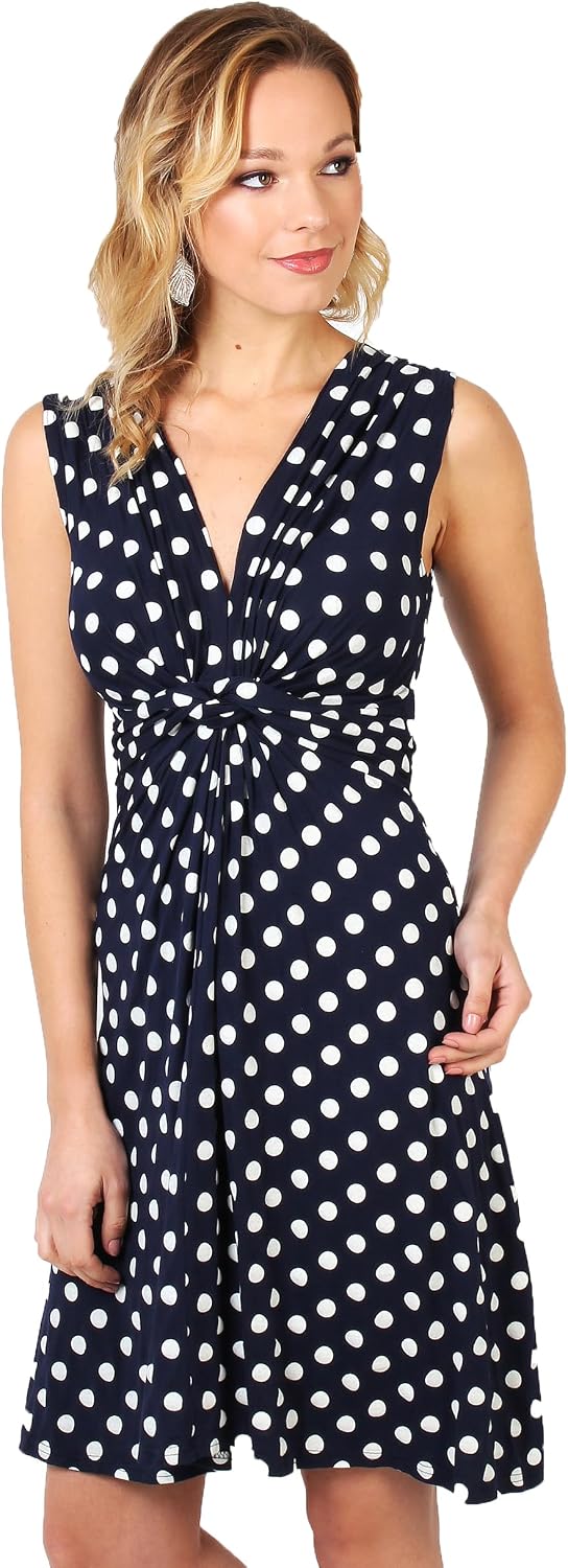 KRISP Women Polka Dot Knee Length Dress Knot Front V Neck Spotted Party Mini
