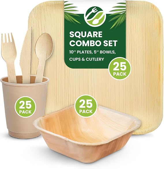 Eco Leaf 150pcs Disposable Palm Leaf Plates, Bowls, Cups and Wooden Cutlery Set – 25x Square Plates, 25x Bowls, 25x Cups, 25x Forks, Knives and Spoons – Eco-Friendly, Compostable, Oven Safe