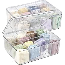 ZEXALOR Plastic Clear Storage Containers, Set of 2, Sock Organizer Divided Boxes with Lids, Underwear Drawer Organizer, Tie Dresser Organizer (11.8×9.4×3.9")