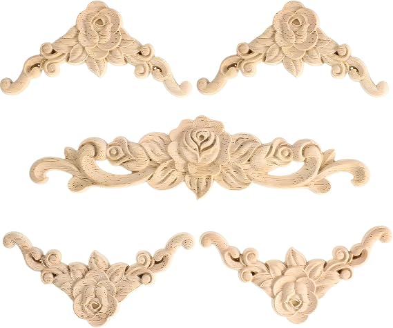 5 Pcs Wood Rose Appliques Onlays Set Decorative Wood Appliques for Furniture Victorian Furniture Decorative Wooden Trim Handmade Carved Unpainted Corner for Bed Door Cabinet