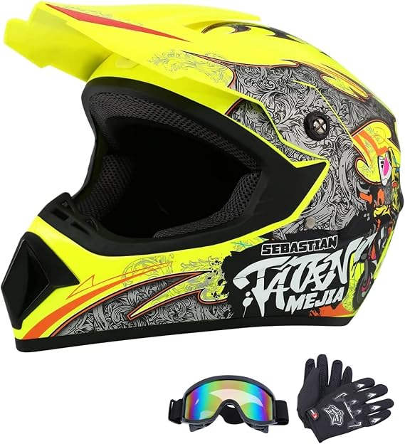 Motocross Helmet ATV Dirt Bike Helmets Off-Road Helmet with Gloves Goggles for Unisex Adult Youth DOT/FMVSS 218 Approved (X-Large, Yellow)