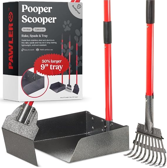Pooper Scooper for Dogs, Heavy Duty Long Handle Rake, Spade & XL Tray