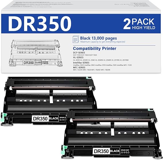 DR350 Drum Unit Replacement for Brother DR-350 DR 350 Drum Unit High Yield Intellifax 2820 Intellifax 2920 HL-2070N HL-2040 DCP-7020 MFC-7820n Printer (2 Black)
