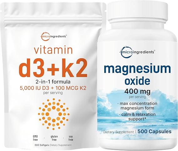 Micro Ingredients Vitamin D3 5,000iu + K2 100mcg Softgels & Magnesium Oxide 400mg Bundle Pack | Essential Sunshine Vitamins | Elemental Form for Max Concentration