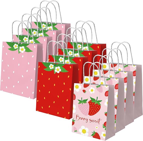 Dydamud Strawberry Paper Bags, 12 Pack Strawberry Goodie Bags With Handles, Strawberry Paper Party Favor Bags For Kids Birthday, Baby Shower, Strawberry Candy Bags for Strawberry Party Decorations