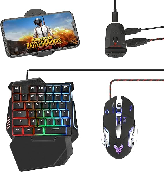 Half Hand Gaming Keyboard and Mouse Combo Laelr 35 Keys PUBG Wired Mechanical RGB Backlit Keyboard with Wrist Rest Wired Gaming Mouse Converter for Android iOS Phone Game Not Support iOS 13.4 & Above