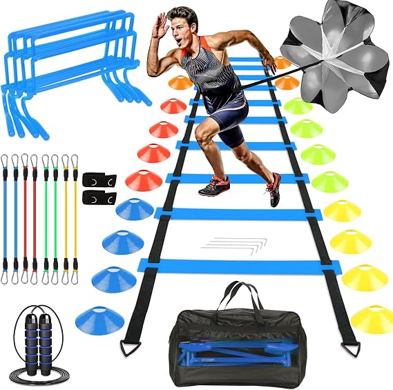 Football Training Set Coordination Ladder Football Training Accessories with 6 m Training Ladder 20 Cones Hurdles Resistance Parachute Skipping Rope Resistance Bands