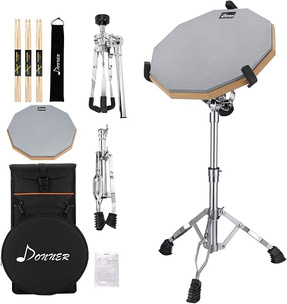 Donner Snare Drum Stand Set with Drum Practice Pad, 12'' Double-sided Silent Drum Pad set, Drumsticks, Backpack Adjustable Stand Fits 10''-14'' Dia Drums