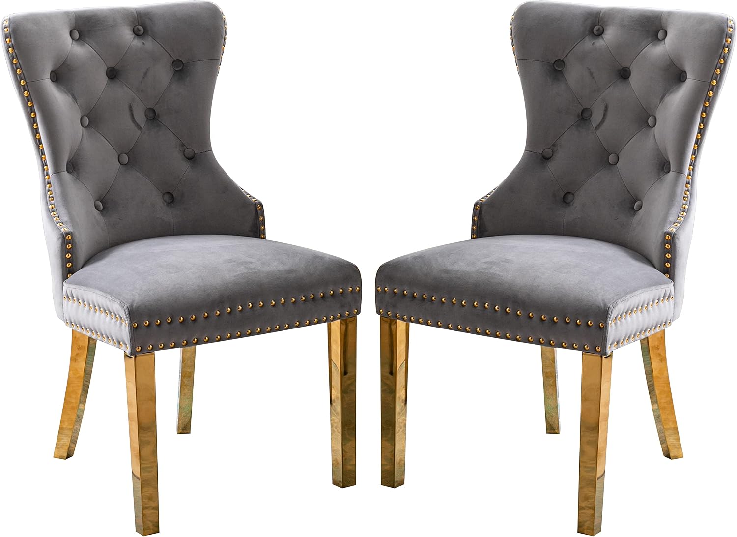 Velvet Dining Chairs Set of 2,Upholstered Tufted Back Nail Trim Accent Chair with Stainless Steel Legs Gold Leg Lightgrey