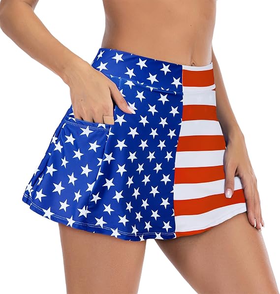American Flag 4th of July Skirt Womens High Waisted Swimsuit Cover Up Skirt Bikini Bottoms with Side Pocket