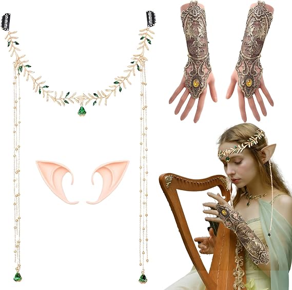 Renaissance Elf Costume Accessory Set Fairy Headpiece Elf Ears Lace Gloves Forest Renaissance Halloween Wedding Bridal Shower Adult Costume Accessories
