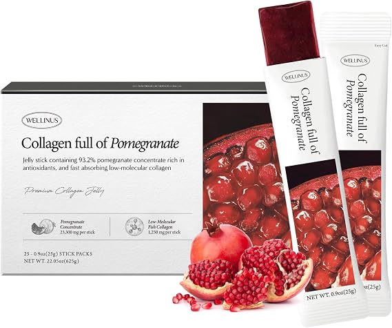 WELLINUS Korean Marine Collagen Jelly Sticks Pomegranate Marine Collagen Peptides for Glowing Skin, Hair & Nails, Anti-Aging Beauty Supplement, Sugar-Free, Halal & GMO-Free, 25 Travel Packs