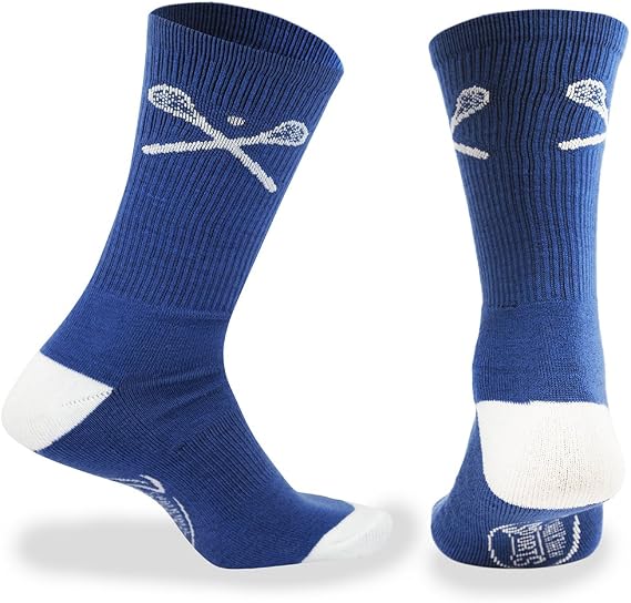 ChalkTalkSPORTS Lacrosse Socks - Mid Calf - Crossed Lax Sticks Blue Adult | Moisture-Wicking Performance Blend, Athletic Lax Gear, Stay-Up Technology, Arch Support, Breathable, Boys and Men