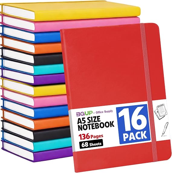 16 Pack Lined Journal Notebook for Work, 136 Pages, Medium 5.5" x 8.3", A5 College Ruled Notebook, 8 Colors, Hardcover Journaling Notebooks for Writing, Note Taking